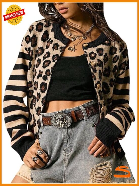 Sweaters - Cardigan Sweater Y2k Striped Button Down Long Sleeve Crewneck Colorblock Trendy